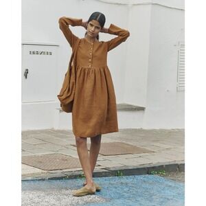 Not Perfect Linen MAMA Long Sleeve Dress In Toast Sz XS Boho Relaxed